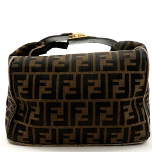 💎✨BEAUTIFUL✨💎Authentic FENDI Zucca Canvas Leather Vanity Bag Khaki Black Brown